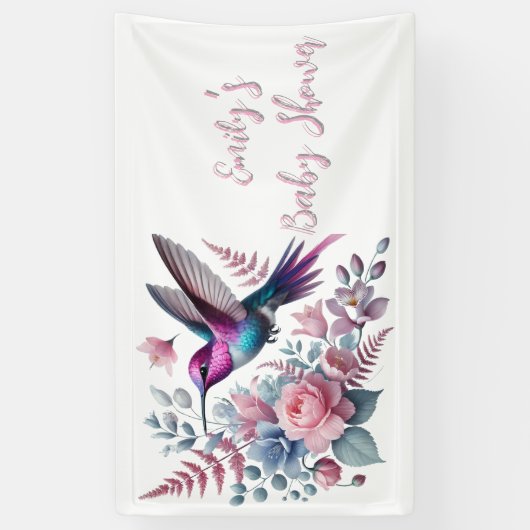 Levendige kolibrie en roze bloemen Baby shower Spandoek (Verticaal)