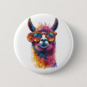 Levendige lama hoofd illustratie - kleurrijk, unie ronde button 5,7 cm