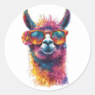 Levendige lama hoofd illustratie - kleurrijk, unie ronde sticker
