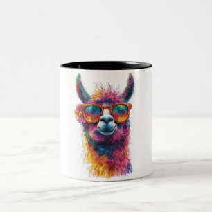 Levendige lama hoofd illustratie - kleurrijk, unie tweekleurige koffiemok