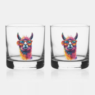 Levendige lama hoofd illustratie - kleurrijk, unie whisky glas