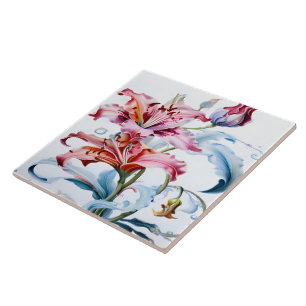 Levendige lelies in bloei tegen een witte achtergr tegeltje