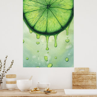 Levendige Limoengroene Citroen Schijf Watercolor K Poster