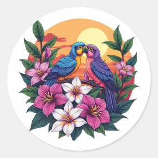 Levendige Lovebirds bij zonsondergang met tropisch Ronde Sticker