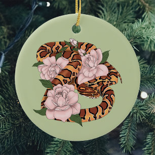 Levendige maïsslang Roze Pioen Bloemen Groen Keramisch Ornament