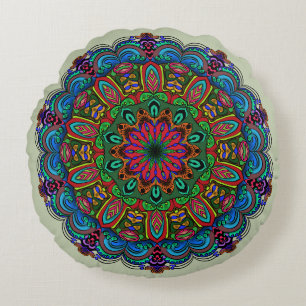 Levendige Mandala Bloem- en Geometrisch Patroon Rond Kussen