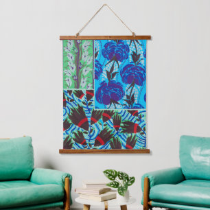 Levendige Maximalistische Blauwe en Groene Bloemku Hangend Wandkleed