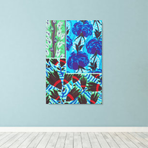 Levendige Maximalistische Blauwe en Groene Bloemsc Canvas Afdruk