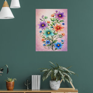 Levendige Meerkleurige Bloemenspray Illustratie Poster