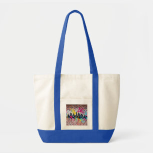 Levendige, met spuiten beschilderde skyline van de tote bag