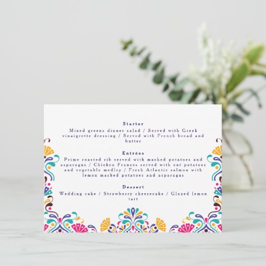Levendige Mexicaanse Fiesta Style Rainbow Wedding Menu (Staand voorkant)