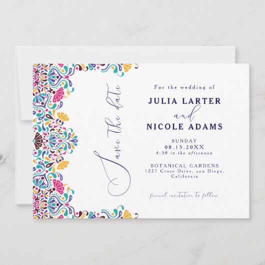 Levendige Mexicaanse Fiesta Style Rainbow Wedding Save The Date (Voorkant)