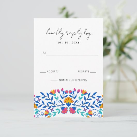Levendige Mexicaanse Floral Fiesta bruiloft RSVP Kaartje (Staand voorkant)