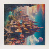 Levendige middeleeuwse fantasiestad legpuzzel (Horizontaal)