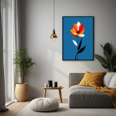 Levendige minimalistische bloem op blauwe kunst perfect poster