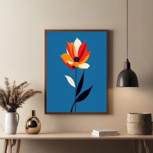 Levendige minimalistische bloem op blauwe kunst poster