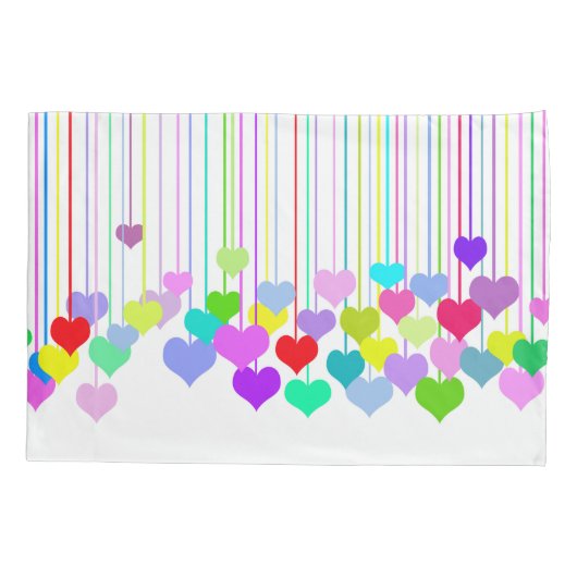 Levendige multi-gekleurde hangende harten op wit kussensloop (Achterkant-Links)