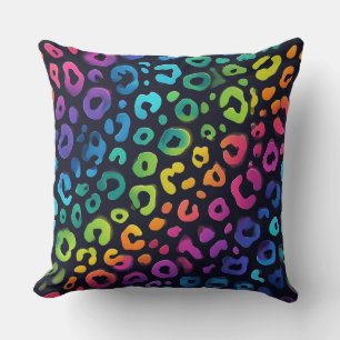Levendige Neon Accenten   Regenboog Luipaardprint Kussen