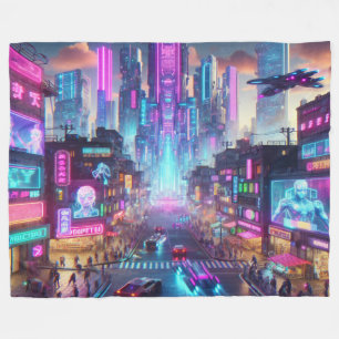 Levendige Neon Cyberpunk Cityscape Fantasy   Fleece Deken