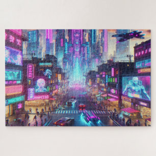 Levendige Neon Cyberpunk Cityscape Fantasy   Legpuzzel