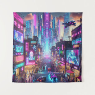 Levendige Neon Cyberpunk Cityscape Fantasy   Wandkleed