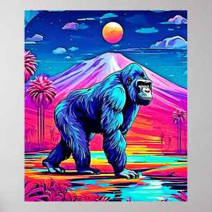 Levendige Neon Gorilla in een surrealistisch Oerwo Poster