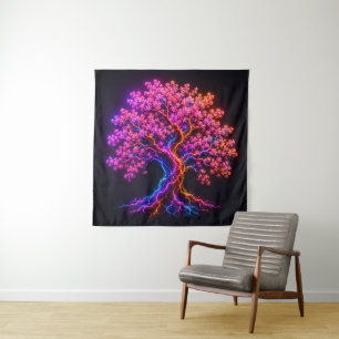 Levendige Neon Kersenbloesem Boom met Elektrische Wandkleed