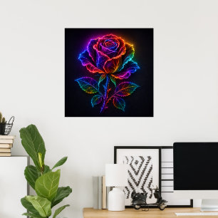 Levendige Neon Regenboog Roos Bloei met Elektrisch Poster