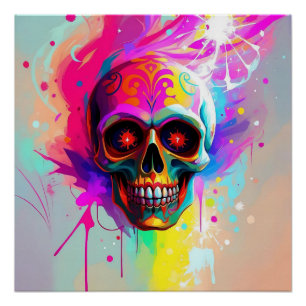 Levendige Neon Sugar Skull met Abstracte Paint Spl Perfect Poster