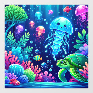 Levendige Ocean Fantasy met kwallen en schildpadde Raamsticker