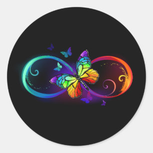 Levendige oneindigheid met een zwarte regenboogvli ronde sticker