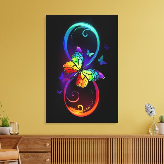 Levendige oneindigheid met regenboogvlinder op zwa canvas afdruk (Insitu (Woonkamer))