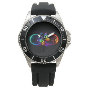 Levendige oneindigheid met regenboogvlinder op zwa horloge