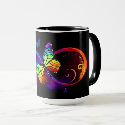 Levendige oneindigheid met regenboogvlinder op zwa mok (Voorkant rechts)