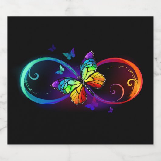 Levendige oneindigheid met regenboogvlinder op zwa sparkling wijnetiket (Enkel label)