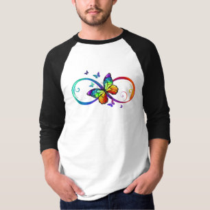 Levendige oneindigheid met regenboogvlinder op zwa t-shirt