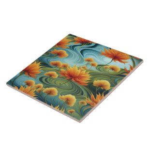 Levendige Oranje bloemen te midden van wervelende  Tegeltje