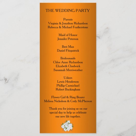 Levendige Oranje Elegante Rozen Bruiloft Programma (Achterkant)