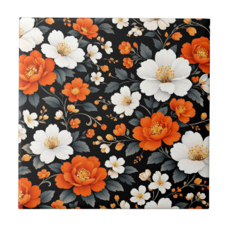 Levendige oranje en witte bloemen op zwart  tegeltje