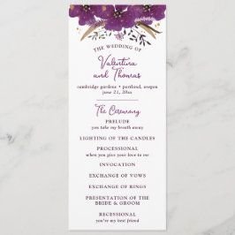 Levendige paarse bloemen en gouden glitter bruilof programma