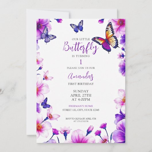 Levendige Paarse Bloemenvlinders 1e verjaardag Kaart (Voorkant)