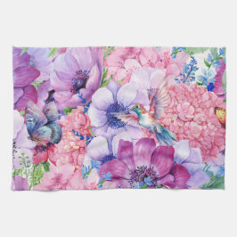 Levendige paarse en roze bloemen theedoek