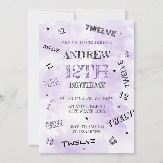 Levendige Paarse Waterverf 12e cijfers Verjaardag Kaart (Voorkant)