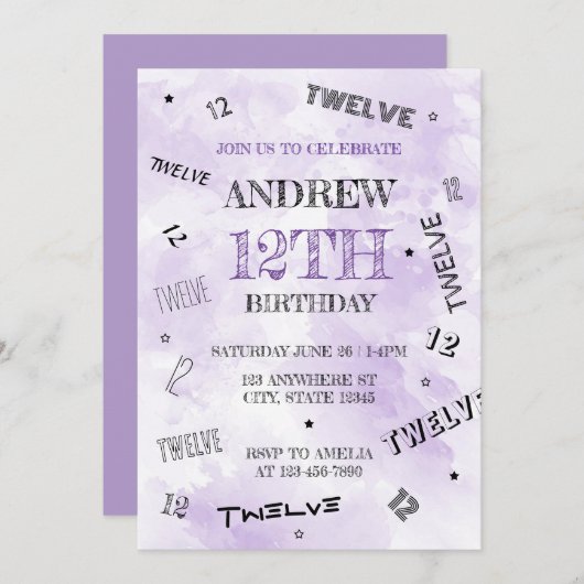 Levendige Paarse Waterverf 12e cijfers Verjaardag Kaart (Voorkant / Achterkant)