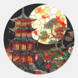 Levendige Pagoda Glas in lood Art Ronde Sticker