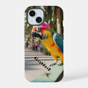 Levendige papegaai op skateboard iPhone 15 hoesje