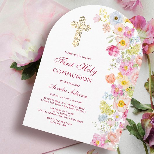 Levendige Pastel Bloemen Boog Eerste Communie Kaart