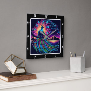 Levendige pauw gloed vierkante klok