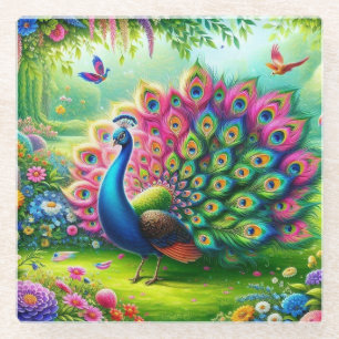Levendige Pauw in een Fantasy Garden Schilderij Glazen Onderzetter