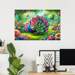 Levendige Pauw in een Fantasy Garden Schilderij Poster